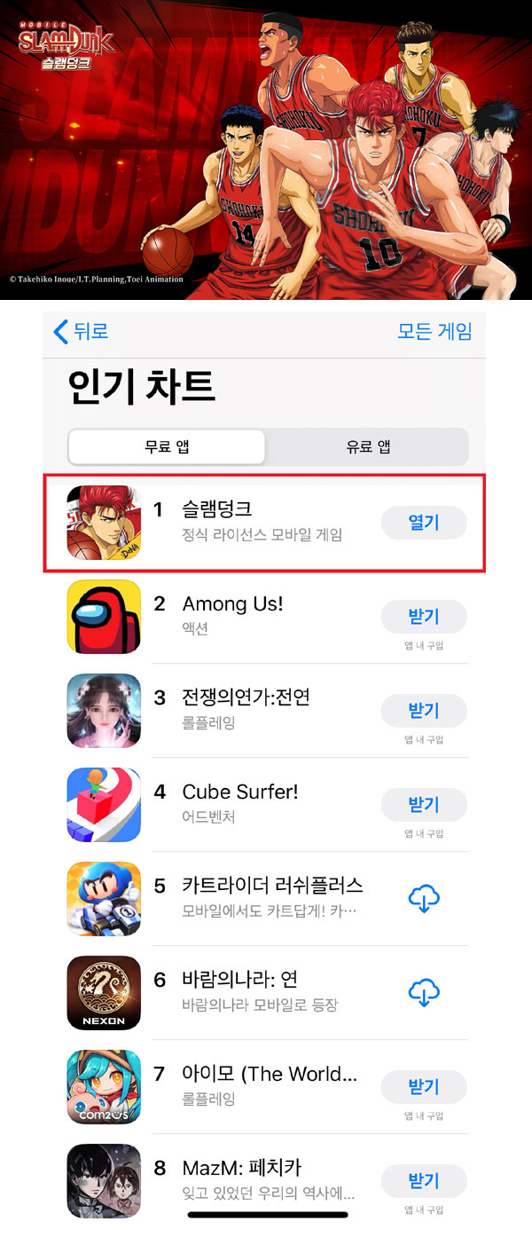 디엔에이, 모바일 게임 ‘슬램덩크’ 애플 앱스토어 인기 순위 1위 달성! 본문 이미지