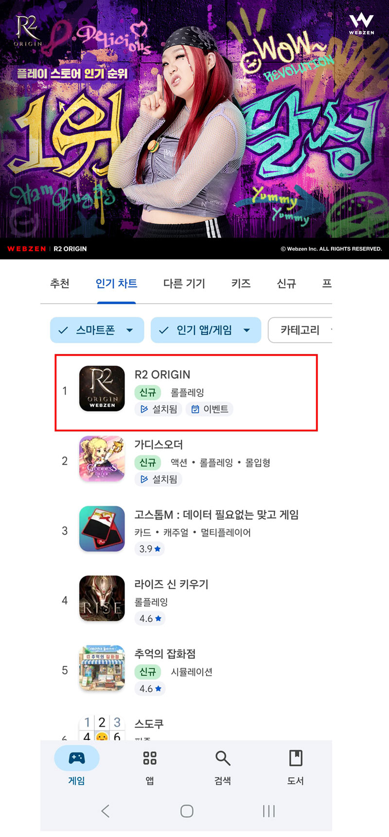 웹젠, ‘R2 ORIGIN’ 구글 플레이 스토어 인기 순위 1위 달성