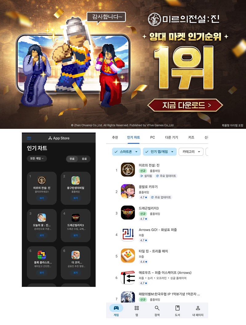 브이파이브 게임즈, ‘미르의 전설: 진’ 양대 마켓 인기게임 1위 달성